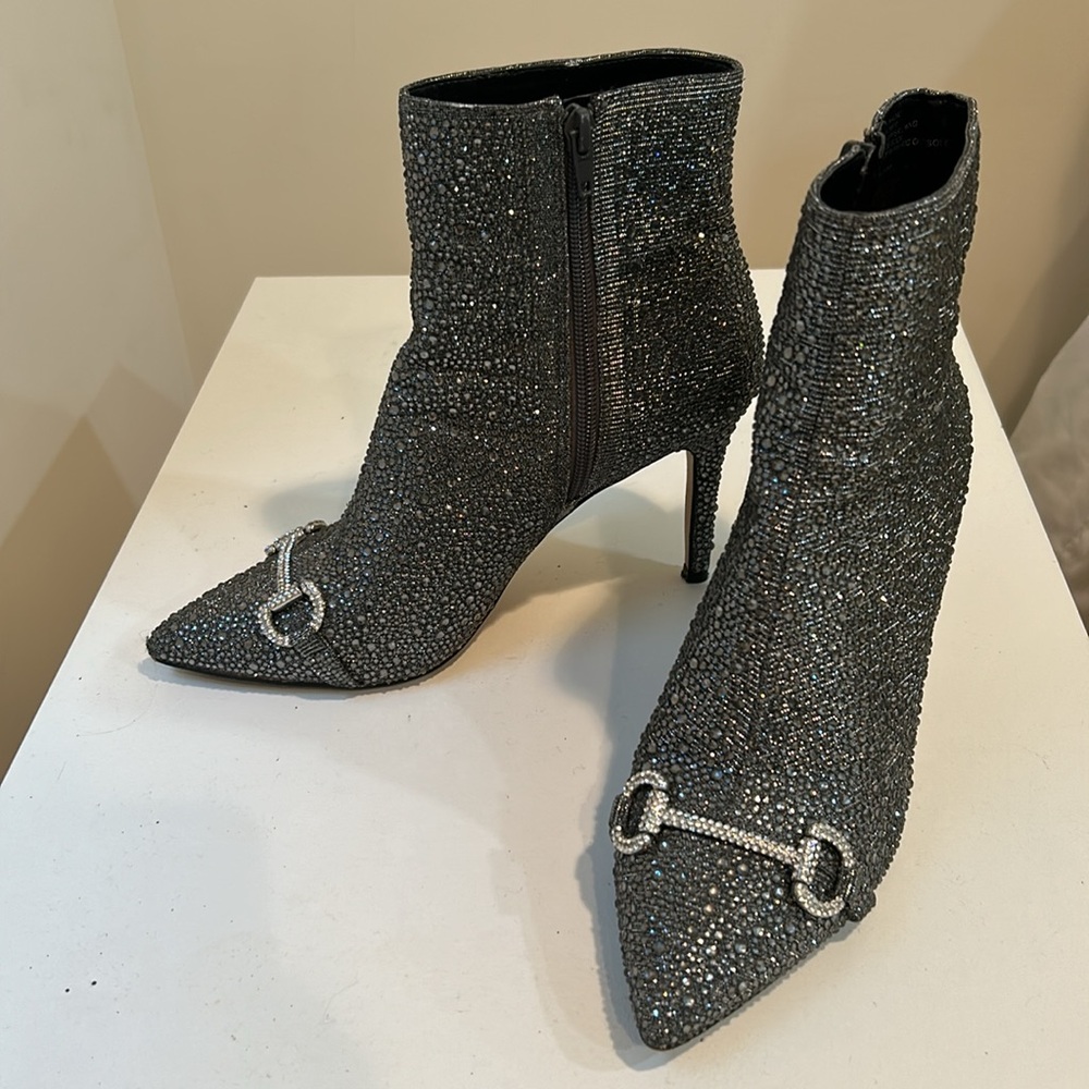 INC sparkly silver shiny heeled booties pointy toe